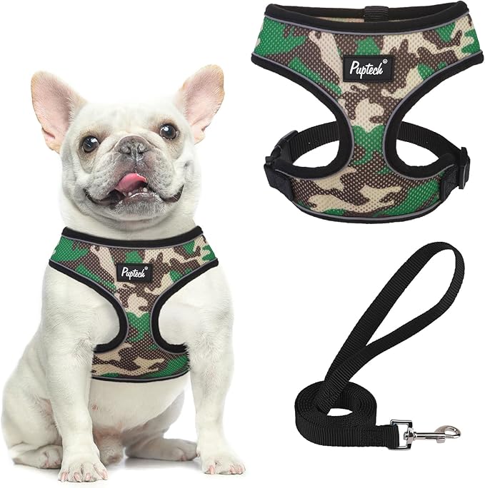 PUPTECK Soft Mesh Dog Harness and Leash Set Pet Puppy Cat Comfort Padded Vest No Pull Harnesses, Camouflage, L