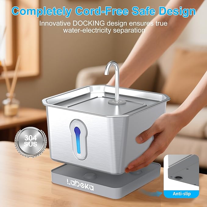 Stainless Steel Cat Water Fountain 135oz/4L:Battery Operated Wireless Cat Fountains for Drinking Indoor, Automatic Pet Water Dispenser with Ultra Quiet Pump,Multi-Filtration