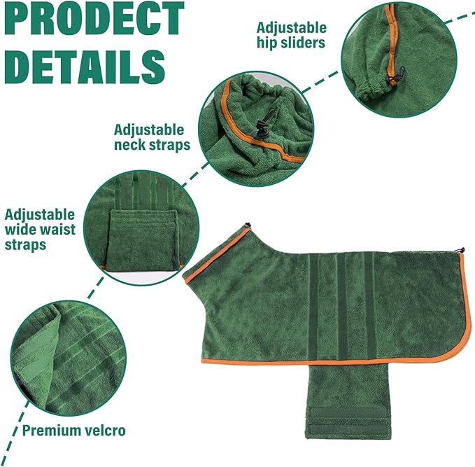 Dog Drying Coat - Fast Drying Dog Towel Robe - Microfiber Super Absorbent Pet Bathrobe, Adjustable Collar & Belly Strap Coat Pet Bath Robe Towel (Small, Green)