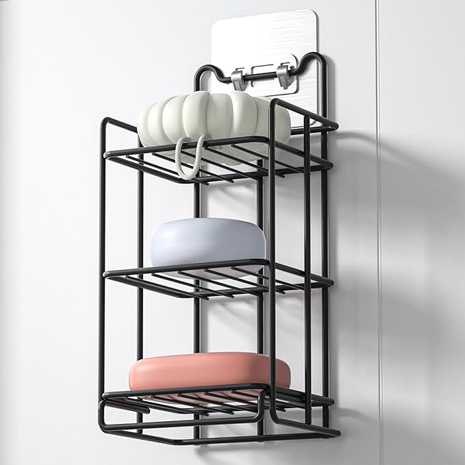 3 Tier Soap Bar Holder, 304 Stainless Steel Soap Dish for Bathroom, Removable Sponge Rack for Kitchen Sink (Black)