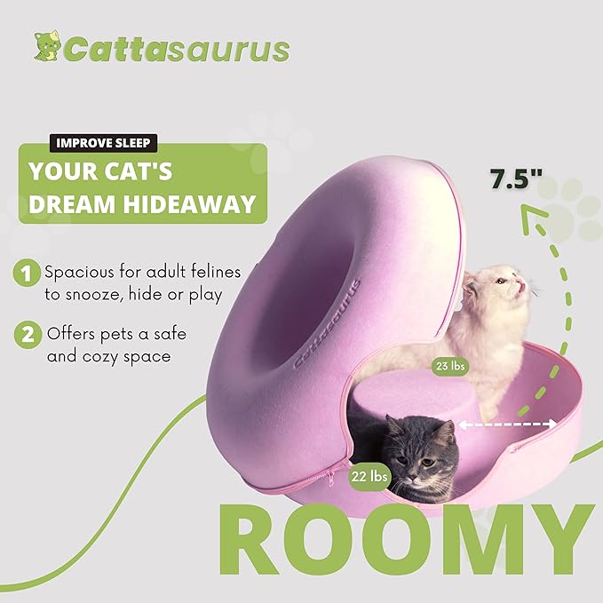 Cattasaurus Peekaboo Cat Cave Donut for Multiple & Large Cats up to 30-45 lbs, 3-in-1 Self Warming Cat Bed, Tunnel & Scratcher for Indoor Cats, Washable & Detachable Small Dog Bed (Pink, Large)