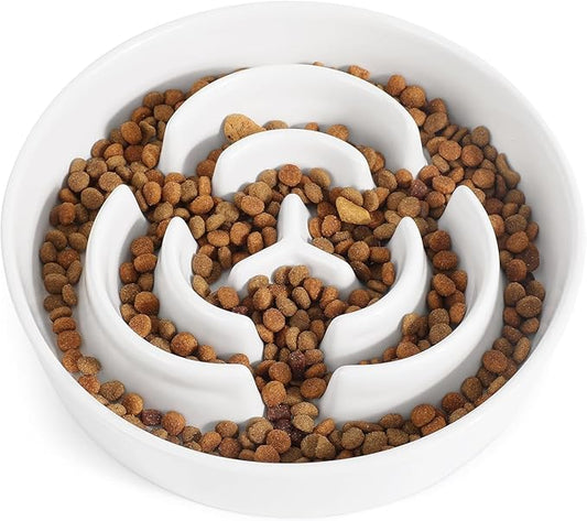 Ceramic Slow Feeder Dog Bowls,2.0 Cups Slow Feeder for Medium Large Breed,Puzzle Dog Food Bowl to Slow Down Eating, Anti-Gulping, Stop Bloat,Preventing Choking,Anti-Slip,8in,White