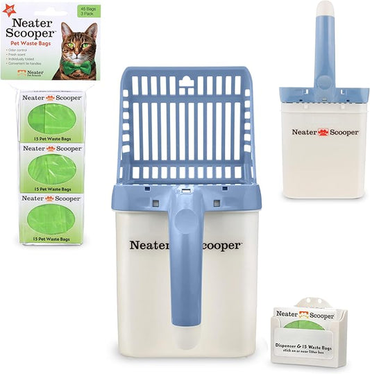 Neater Pet Brands Neater Scooper Standard Cat Litter Scoop, 60 Refill Bags – Mess-Free Cat Litter Scooper with Bag, Spill-Proof Kitty Box Sifter, Bin Doubles as Scoop Holder, For Single-Cat Households