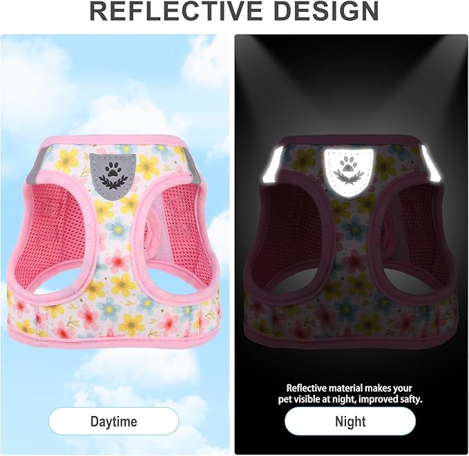 EXPAWLORER Small Dog Harness and Leash Set - Cute Puppy Harness Leash Dog Collar with AirTag Holder Silicone Case, Soft Padded Step in Pet Vest Reflective for Outdoor Walking, Floral S