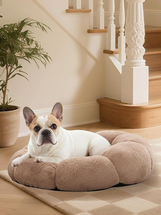 OhGeni 27 inches Calming Donut Dog & Cat Bed for Medium Pets, Warming Comfort Fluffy Short Pile Fur, Durable Machine Washable Round Bed, Cute Round Bed for Puppy and Kitten, Camel