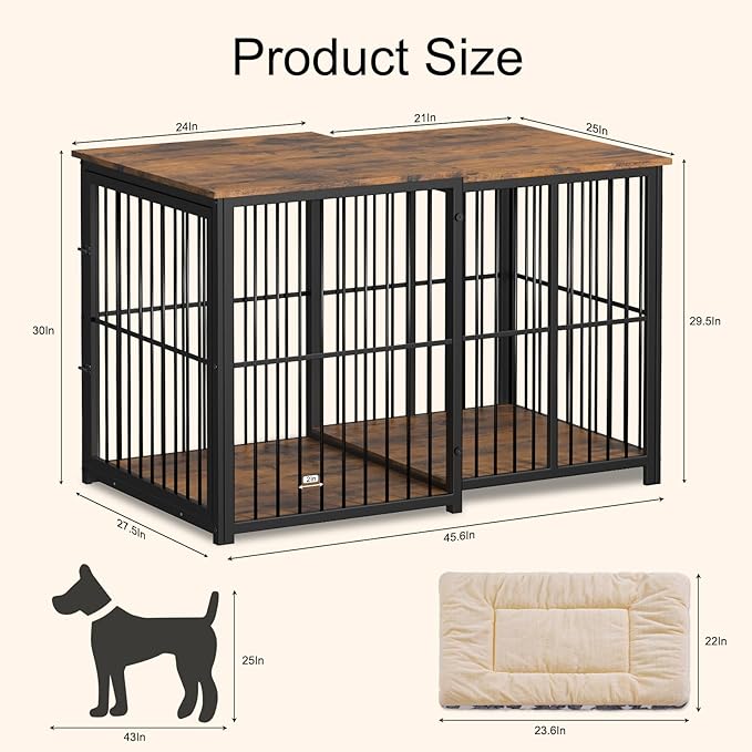 Large Dog Crate Furniture for Large Dogs, Retractable Dog Kennel Furniture, Wooden Dog Kennel Indoor, Heavy-Duty Dog Cage Furniture with 3 Levels of Adjustable Size,45.6" L, XL, Rustic Brown