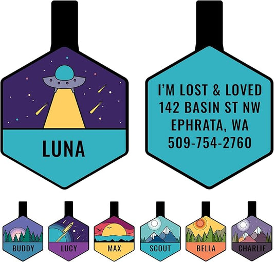 GoTags Silent Dog Tag, Personalized Engraved Hexagon Silicone Dog and Cat Name Pet ID Tags, Soundless No More Jingling Dog Tags (Space UFO)
