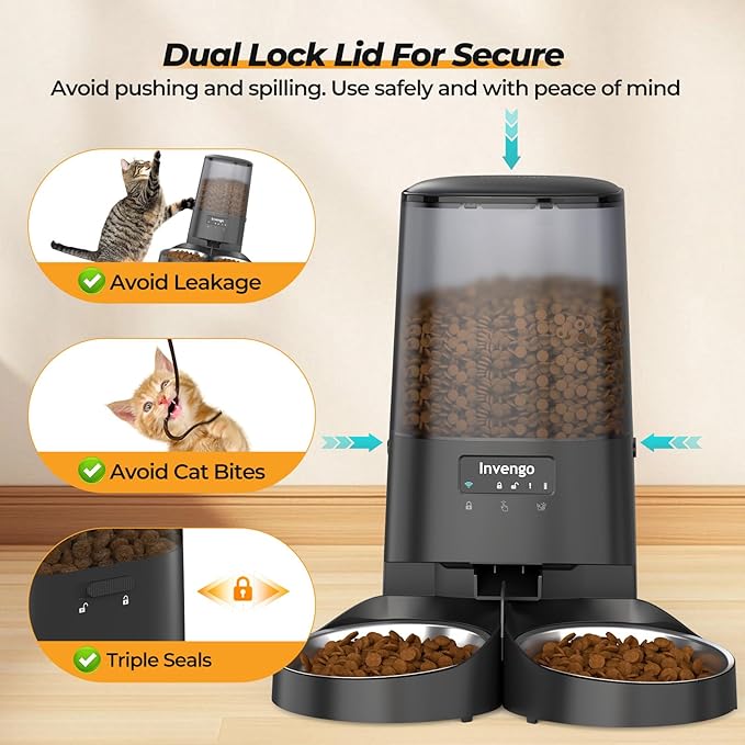 Automatic Cat Feeder with App Control, 5L Food Dispenser for 2 Cats, 2.4/5G WiFi, Dual Power, Programmable Portions, Anti-Jam & Fresh-Lock, Stainless Steel Bowls, Easy to Clean