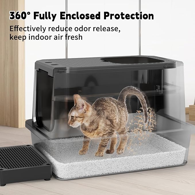 RIZZARI Enclosed Cat Litter Box: All Black Stainless Steel Odorless Cat Box - Top-Entry Design - Large Capacity Leak Proof Litter Pan for Cats - Teflon Non-Stick Coating - for Living Room Bedroom