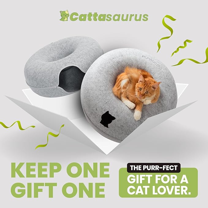 Cattasaurus Peekaboo Cat Cave Duo Jumbo Set, Extra Spacious Cat Donut for Multiple & Large Kitty 15+ lbs, Scratch Detachable Cat Beds for Indoor Cats, Washable Cat Tunnel Bed, Best Kitten Toys