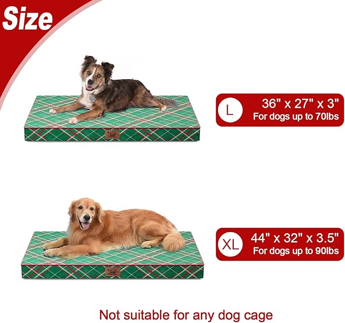 Outdoor Extra Large Dog Bed, Waterproof Dog Bed for Large Dogs, Egg Crate Foam XL Pet Bed with Removable Washable Oxford Cooling Cover, Christmas Plaid
