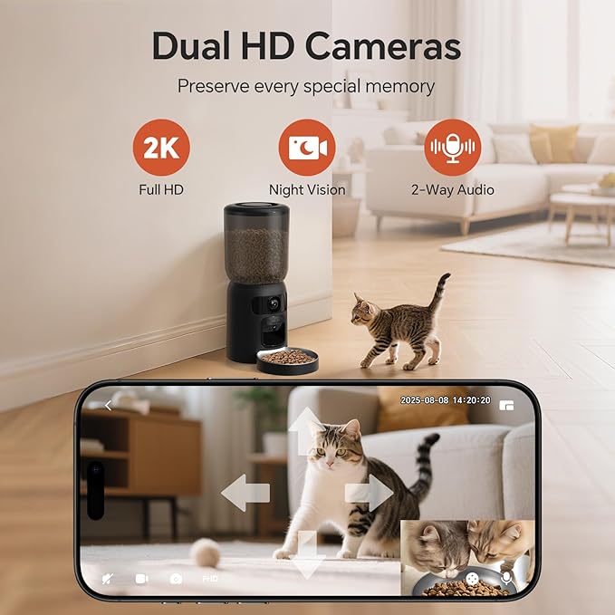 Automatic Cat Feeder with Dual 2K HD Camera, Smart Pet Food Dispenser for Timed Meals, APP Control Laser Interactive Toy Treat Feeders with 2.4G / 5G WiFi, Black