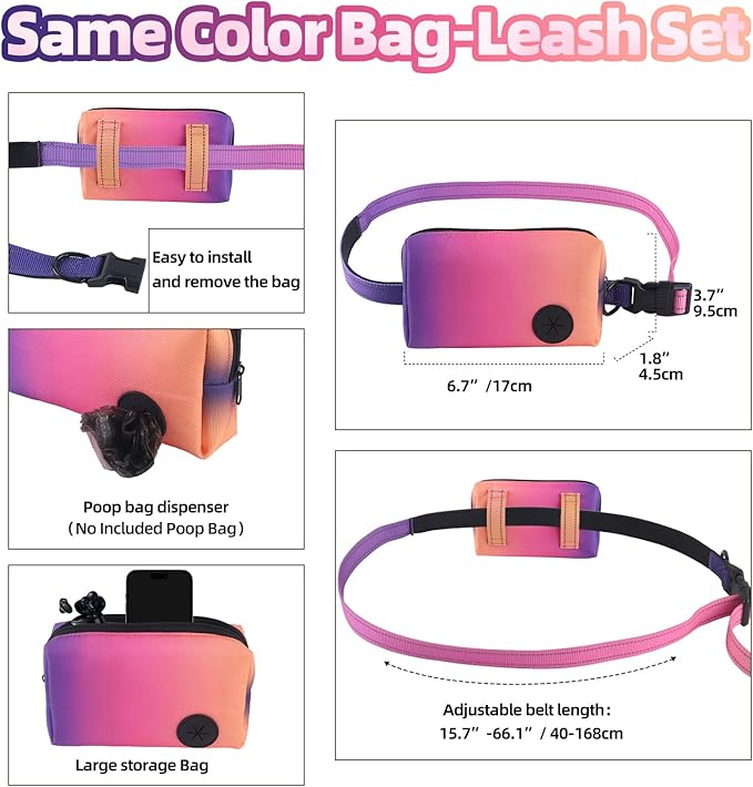 Roses&Poetry Hands Free Dog Leash with Zipper Pouch, 6-9ft Bungee Waist Leash for Medium Large Dogs Walking, Running Lead with Dual Padded Handles Car Safety Buckle for Training Jogging