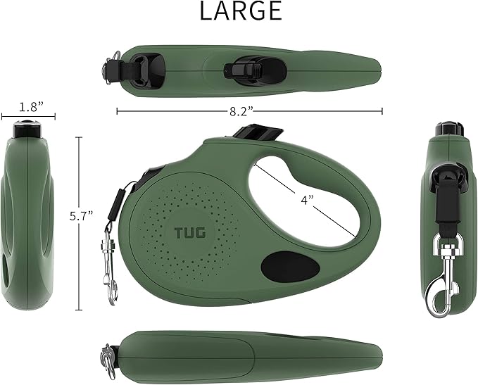 TUG Oval 360° Tangle-Free Retractable Dog Leash with Integrated Waste Bag Dispenser (Large, Green)
