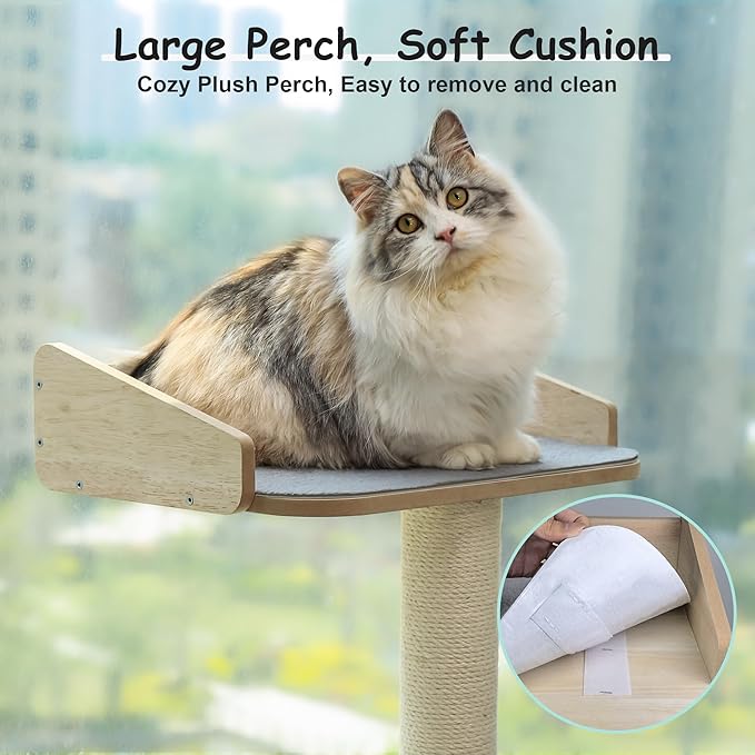 53" Cat Window Perch with Scratching Post, Cat Window Bed with Soft Mat, Non-Slip Base, 2 Suction Cups, Top Observation Perch, Max Support 50 lbs, Multi-Level Perch for Climbing (Natural Wood, 53")