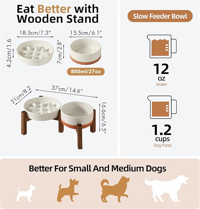 Ceramic 1.2 Cup Raised Slow Feeder Dog Bowl Set, Elevated 6.1inch Bowl and 7.3inch Slow Feeder Dish with Acacia Wood Stand for Small and Medium Dogs (2 x Vanilla White+ Stand)