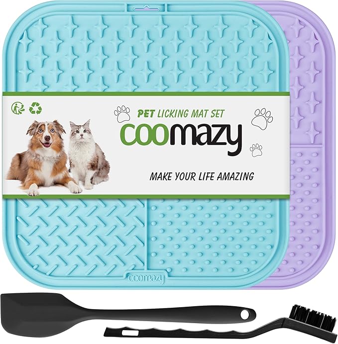 Coomazy Lick Mat for Dog and Cat, Slow Feeder & Non-Slip Design, Boredom and Anxiety Reducer, Suitable for Food, Treats, Yogurt, Peanut Butter and Liver Paste, Non-Toxic, Blue & Purple