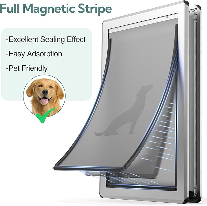 [Parab House] Aluminum XL Dog Door for Door, Open Size:24.4" H x 13.8'', Heavy Duty Doggy Door with Full Enclosed Magnetic Flaps,Extreme Weather Doggie Doors,Giant Doggie Door(Silver, XLarge)Pet Door