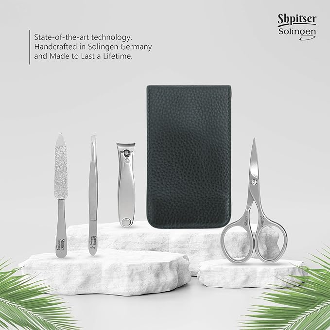 Shpitser Manicure and Pedicure Set of 4 Surgical Stainless Steel Instruments, Made in Solingen, Germany, Luxury Topinox Grooming Kit In Full Grain Nappa Leather Case (Black)