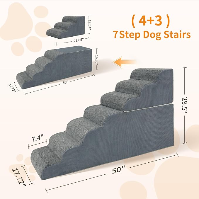 7-Steps Dog Stairs for High Bed and Couch 29.5" H, Wider Pet Stairs for Small Old Large Dogs Cats, 30°Steady Non-Slip Dog Steps, Washable Dog Ramp with Removable Cover, PE Boards