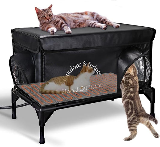 Heated Cat House for Outside Cat in Winter, Insulated Outdoor Feral Cat Shelter with Cat Heating Pad, 2 Doors,Elevated Waterproof Heated Kitty House (Black, 25"x13.7"x18")