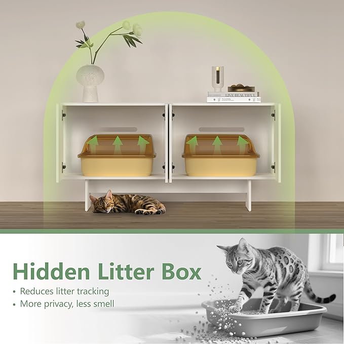 Double Litter Box Enclosure, Litter Box Enclosure for 2 Litter Boxes, Modern Litter Box Furniture for 2 Cats, Scandi Style (White)