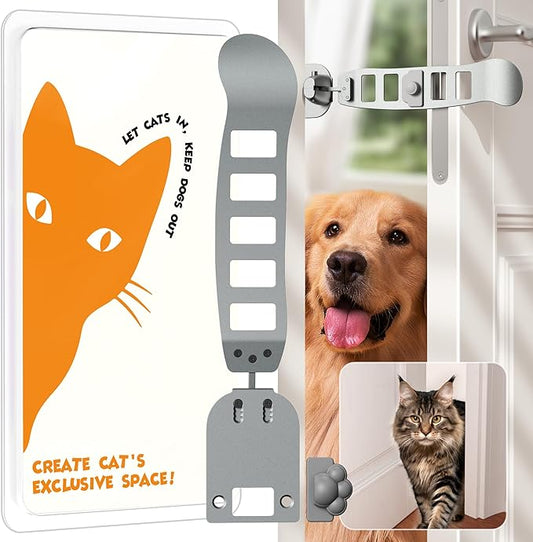 Metal Cat Door Latch, Door Prop for Cats, Easy Install, Durable & Foldable, 【5 Adjustable Sizes】 Keep Interior Door Cracked Open for cat - Dog Proof Cats Feeding Station, No Wall Damage