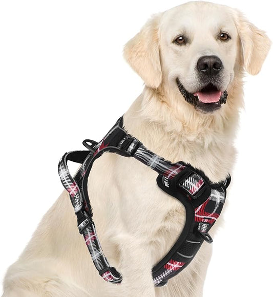 PUPTECK No Pull Dog Harness for Large, Adjustable Reflective Dog Harness with Handle Easy Control, Comfortable Soft Padded Pet Vest Harness for Large Dogs, Plaid Black XL