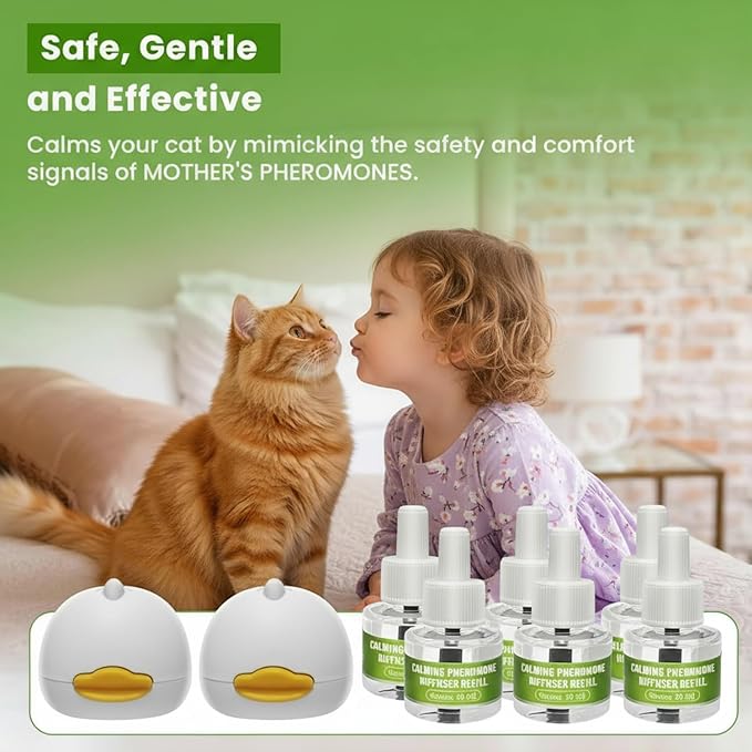 Cat Calming Pheromone Diffuser Kit with 2 Plug-ins & 6 Refills, Long-Lasting Stress & Anxiety Relief for Multi-Cat Homes, Reduces Fighting, Scratching Destructive Behavior