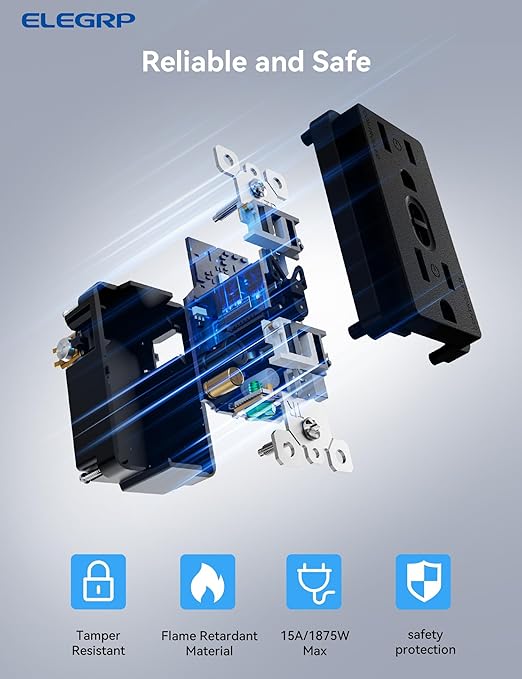 ELEGRP Smart Plug, Smart in-Wall Outlet Compatible with Alexa and Google Assistant, 2.4GHz Wi-Fi Smart Receptacle with Energy Monitoring, No Hub Required, UL Listed, Black, 6 Pack