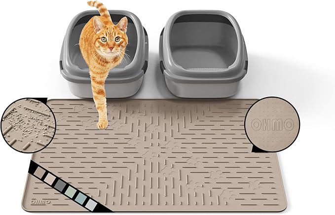 OHMO Cat Litter Mat Large Trapping Mat Premium Silicone Rubber 31.5x23.6 Beige，Waterproof and BPA Free Kitty Litter Box Mat, Easy to Clean and Keeps The Floor Tidy
