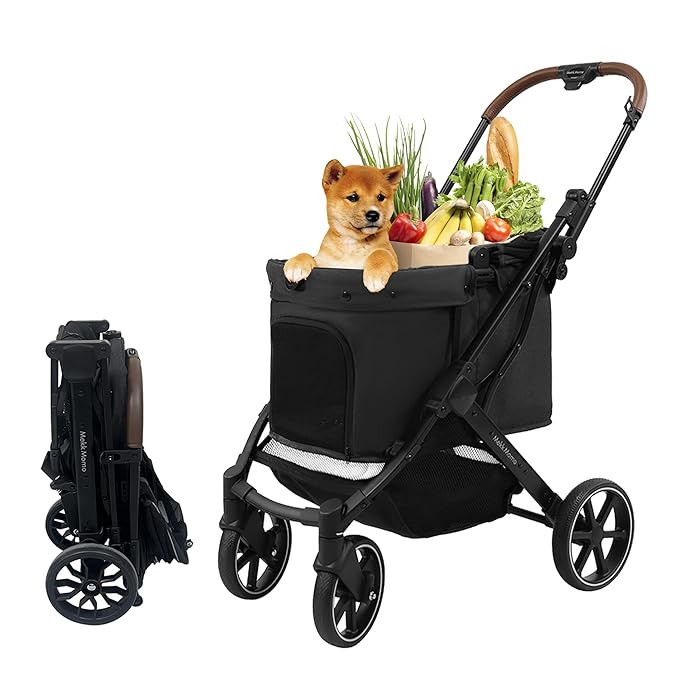 pet Stroller, Suitable for Small and Medium-Sized Dogs, Advanced Four-Wheel Suspension, Detachable Handbag, Lightweight Aluminum Frame, one Click Folding, Suitable for Outdoor Travel - Black
