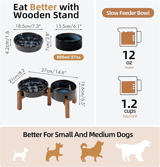 Ceramic 1.2 Cup Raised Slow Feeder Dog Bowl Set, Elevated 6.1inch Bowl and 7.3inch Slow Feeder Dish with Acacia Wood Stand for Small and Medium Dogs (2 x Starry Sky+ Stand)