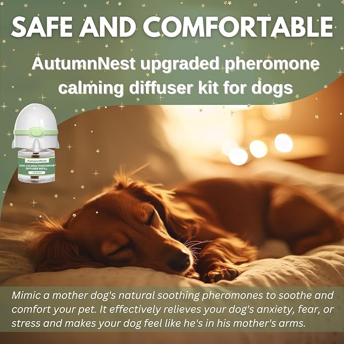 Dog Calming Pheromone Diffuser Kit, Pet Diffuser for Stress Support, Reduces Stress and Promotes Relaxed Behavior, 2 Plug-in & 4 Packs Refill, 120 Day Supply (Non-Toxic, Safe & Inedible), with Light