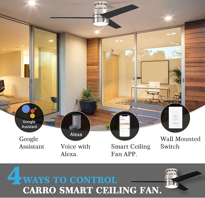 52 Inch 3-Blade Silver Low Profile Ceiling Fan with Led APP Control, Alexa/Google Assistant Control |Needs Ground/Live/Neutral Wire, No Remote,No Hub Required|Reversible|Schedule&Timer|