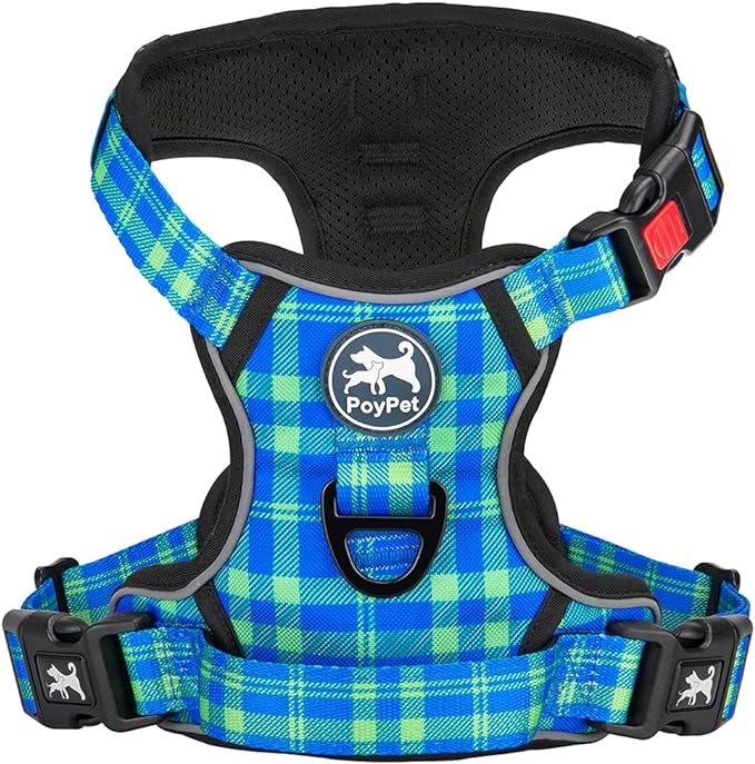 PoyPet No Pull Dog Harness, Reflective Adjustable No Choke Pet Vest with Front & Back 2 Leash Attachments, Soft Control Training Handle for Small Medium Large Dogs(Checkered Blue & Green,M)