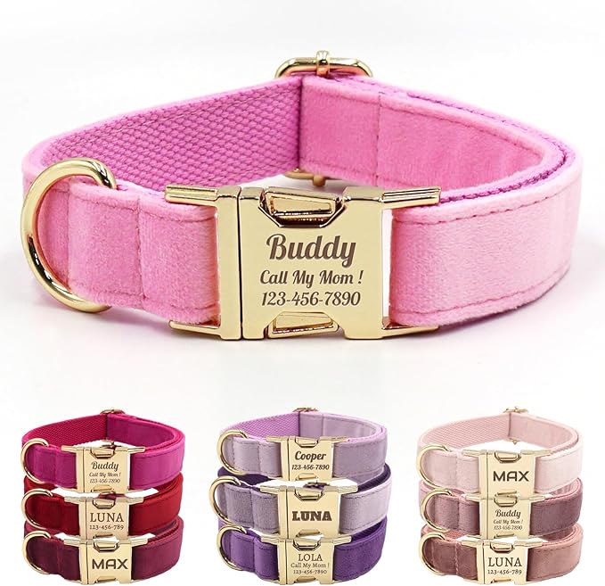 Velvet Personalized Dog Collar with Name - Customizable Dog Collar with Quick Release Metal Buckle - Leash and Bow Tie Available (Pink, XS)