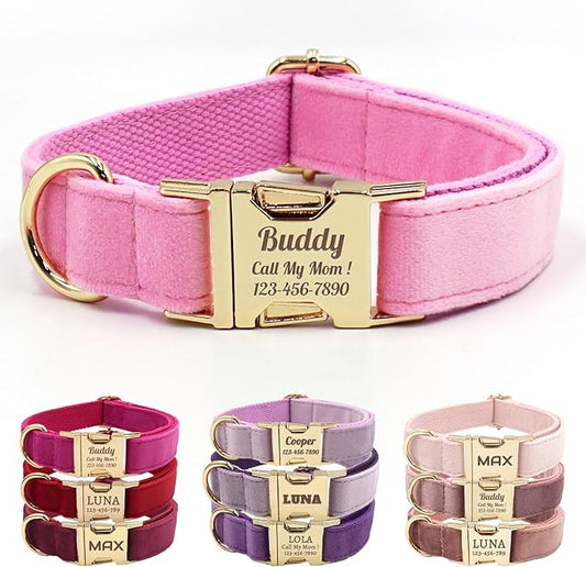 Velvet Personalized Dog Collar with Name - Customizable Dog Collar with Quick Release Metal Buckle - Leash and Bow Tie Available (Pink, XL)