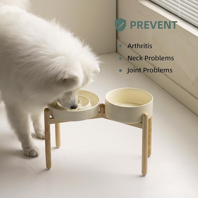 3.2 Cup Ceramic Raised Slow Feeder Dog Bowl Set, Elevated 8.2inch Bowl and 9.5inch Puzzle Slow Food Dish with Wooden Stand for Large Dog, Anti-Gulping (2 x Beige+ Stand)