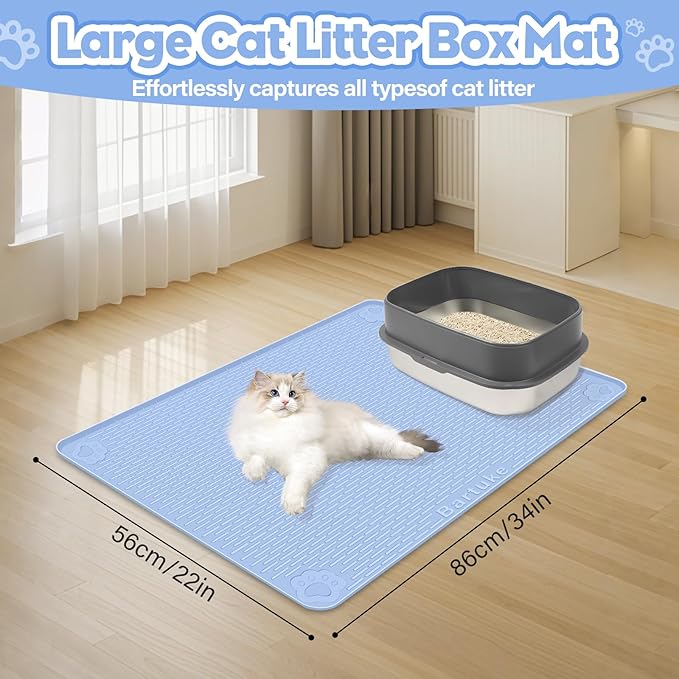 Cat Litter Mat, Extra Large 34" x 22" Silicone Mat Litter Trapping Mat for Scatter Control, Soft on Kitty Paws, Easy to Clean (Blue)