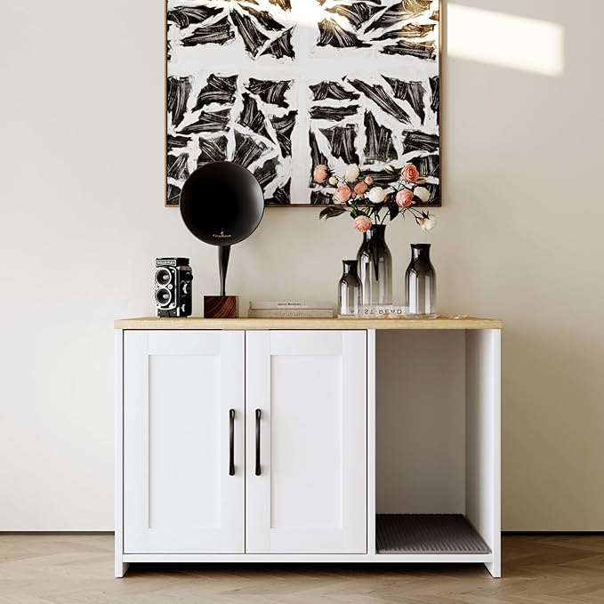 Cat Litter Box Enclosure, Hidden Litter Box Furniture with 2 Doors,Wooden Cat Washroom Indoor, Freestanding Cabinet for Living Room,Hallway,White