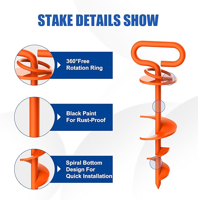 Eurmax USA Dog Tie Out Stake Triple Lock Heavy Duty Dog Anchor for Large Dogs Trampoline Stakes Dog for Yard and Outdoor Dog Runner Install & Travel Kit Included,2-Pack(Orange)