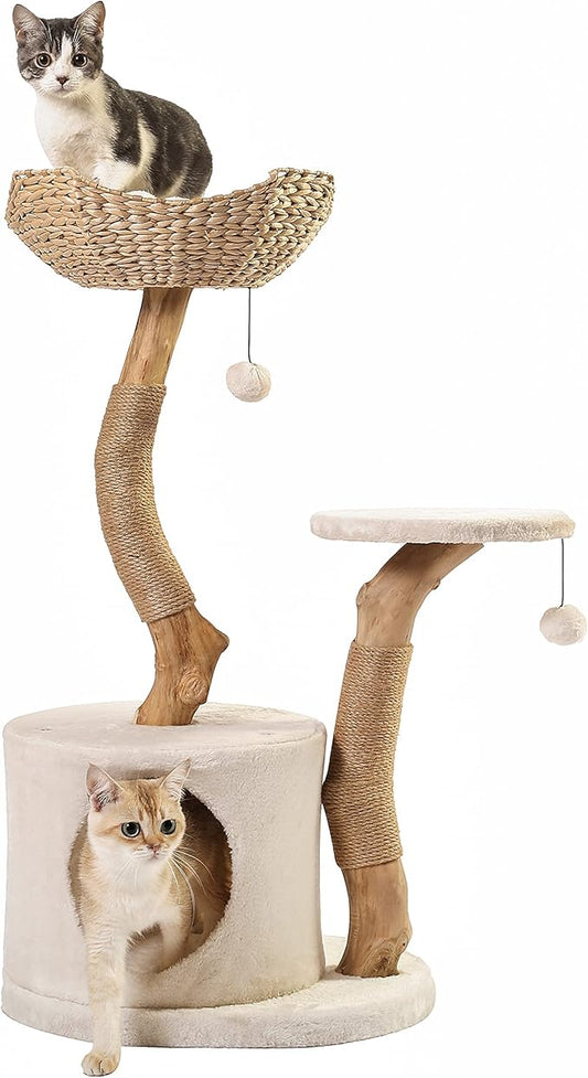 Modern Cat Tree for Indoor Small Cats - Real Wood Cat Tower with Scratch Post, Hiding Enclosure - Unique, Boho,White