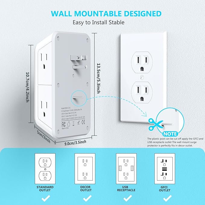 JcBlaon Multi Plug Outlet Surge Protector, Wall Charger with 6 Outlet Splitter with 4 USB Ports(PD 20W), 3-Sided 1050J Surge Protector Power Strip for Home Office Dorm Room Essentials