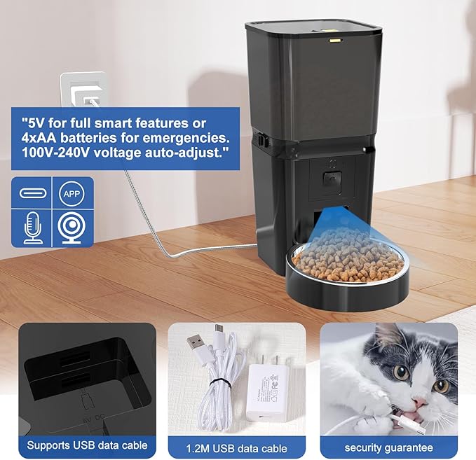 Automatic Cat & Dog Feeder with Camera, 6L Smart WiFi Pet Food Dispenser for Small Pets & Multi-Cat Homes - Timed Feeding, Battery Backup,1080P HD Night Vision, Two-Way Audio, Portion Control