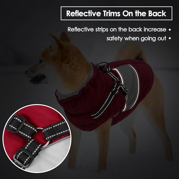 SUNFURA Small Dog Coat with Harness Built in, Warm Dog Jacket Winter with Zipper On Back, Waterproof Pet Snow Jacket Snowsuit Pet Sweater Clothes for Puppy, Burgundy XS
