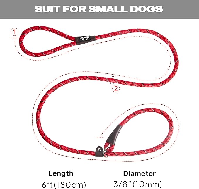 TwoEar Dog Slip Rope Leash - 6FT Heavy Duty Training Leash with Reflective Threads for Small to Large Dogs (Slim, Red)