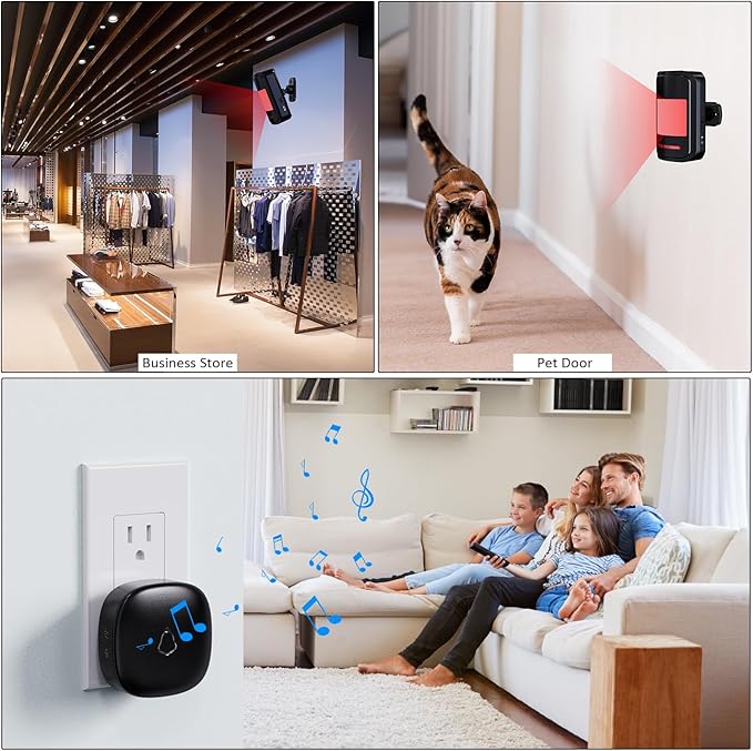Wireless Motion Sensor Alarm Indoor, 1 PIR Detector + 1 Receiver, Movement Activated Doorbell Chime for Home Doorway/Business Entry/Garage Security/Store Entrance, Pet/Elderly/Dementia Monitor (Black)