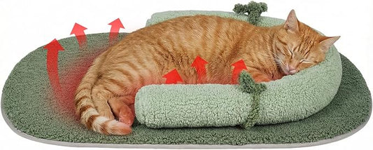 Self Warming Cat Bed Mat with Soft U-Shaped Pillow– Thickened Calming Cat Bed for Kittens and Small Dogs – Portable Washable Cats Warming Pad for Indoor or Travel Use,Green
