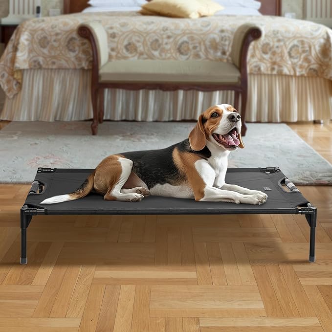 Petsfit Elevated Raised Outdoor Dog Bed - Cooling Elevated Dog Cot, Upgraded Adjustable Firmness Pet Bed，Pet Hammock Bed with Chew Proof Breathable Teslin Mesh，Non Slip, Black 42”
